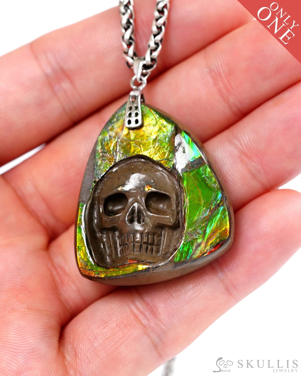 Skullis Signature Spiderweb Ammolite Gem Skull Pendant or Necklace Hand Carved Sterling Silver 925 Chain for Women &