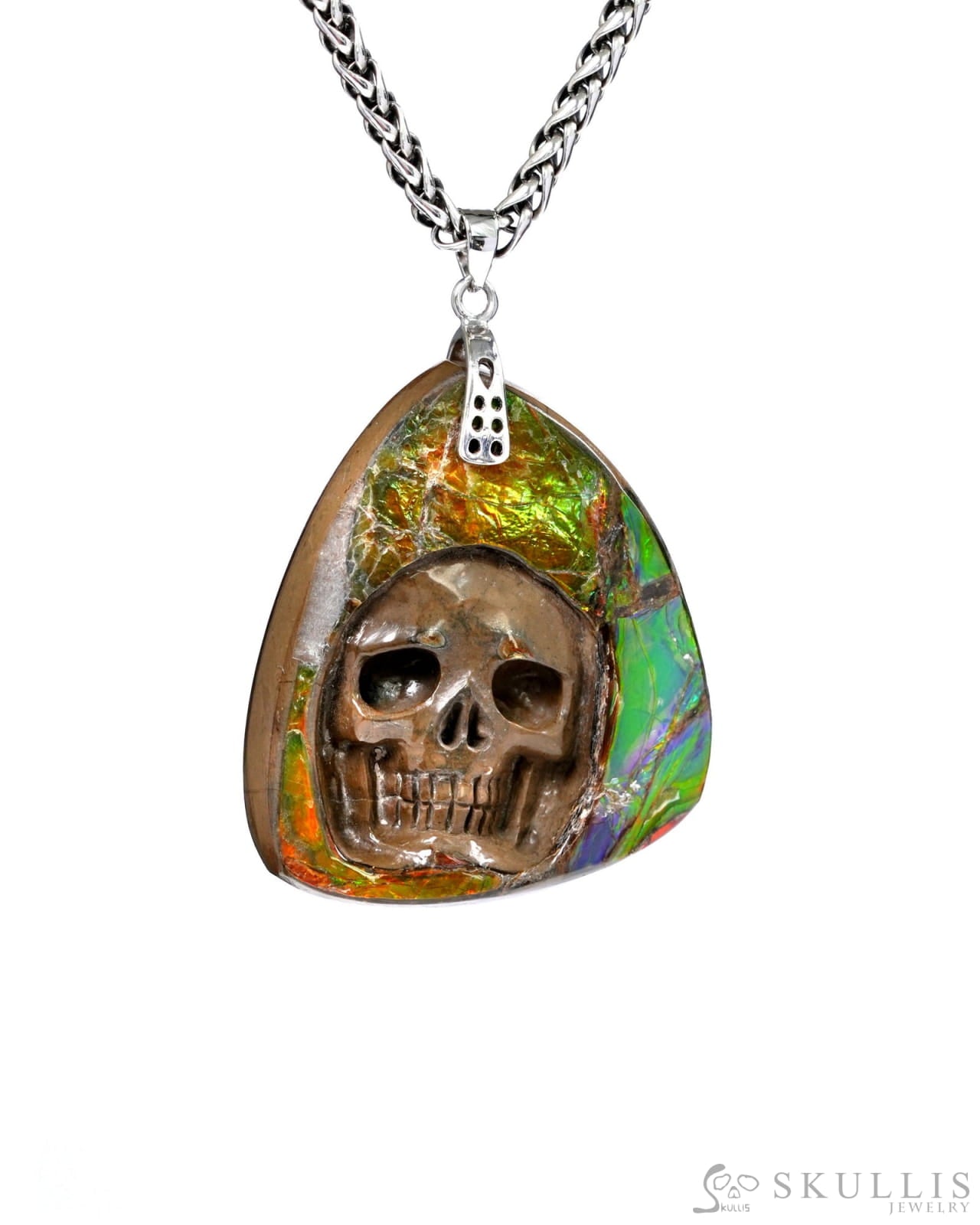 Skullis Signature Spiderweb Ammolite Gem Skull Pendant or Necklace Hand Carved Sterling Silver 925 Chain for Women &