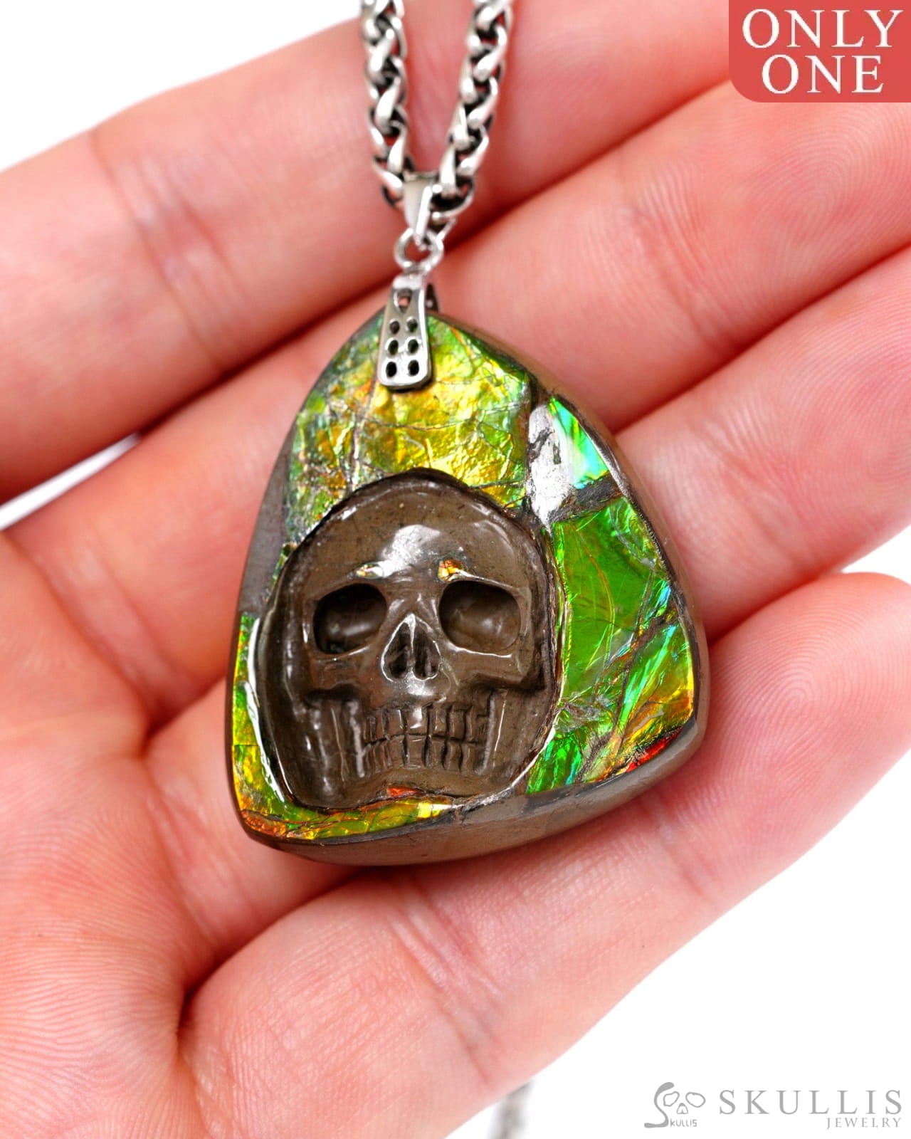 Skullis Signature Spiderweb Ammolite Gem Skull Pendant or Necklace Hand Carved Sterling Silver 925 Chain for Women &