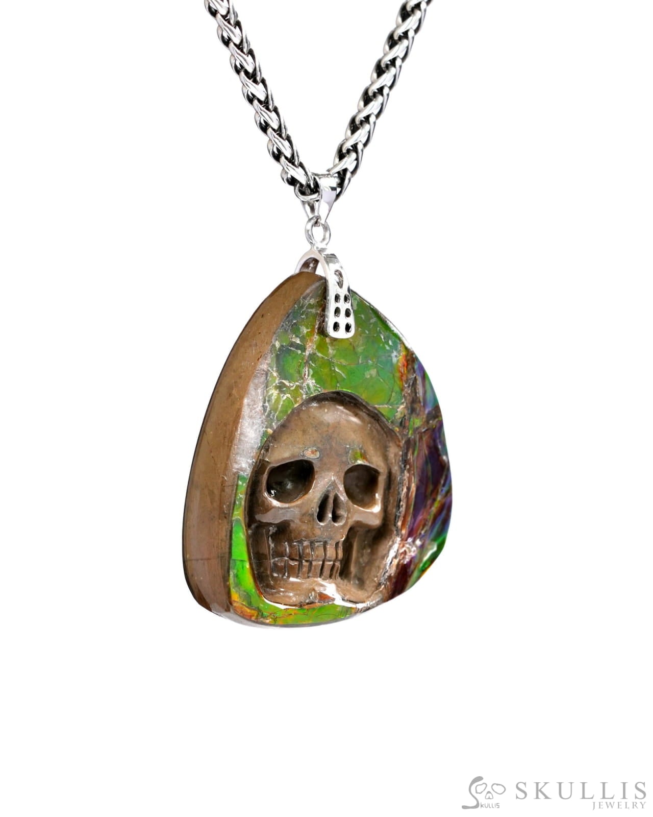 Skullis Signature Spiderweb Ammolite Gem Skull Pendant or Necklace Hand Carved Sterling Silver 925 Chain for Women &