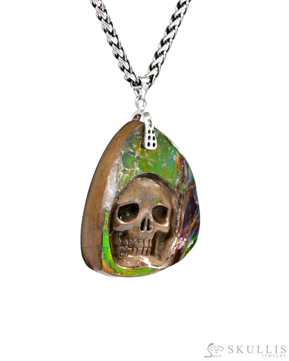 Skullis Signature Spiderweb Ammolite Gem Skull Pendant or Necklace Hand Carved Sterling Silver 925 Chain for Women &