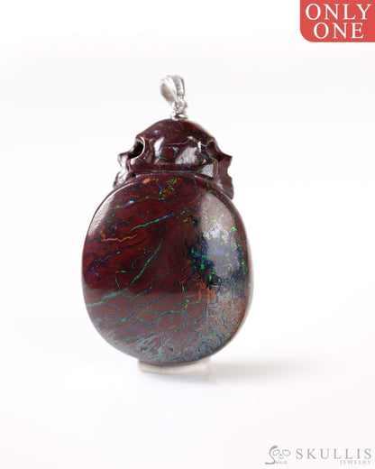 Skullis Signature Spiderweb Ammolite Gem Skull Pendant or Necklace Hand Carved Sterling Silver 925 Chain for Women &