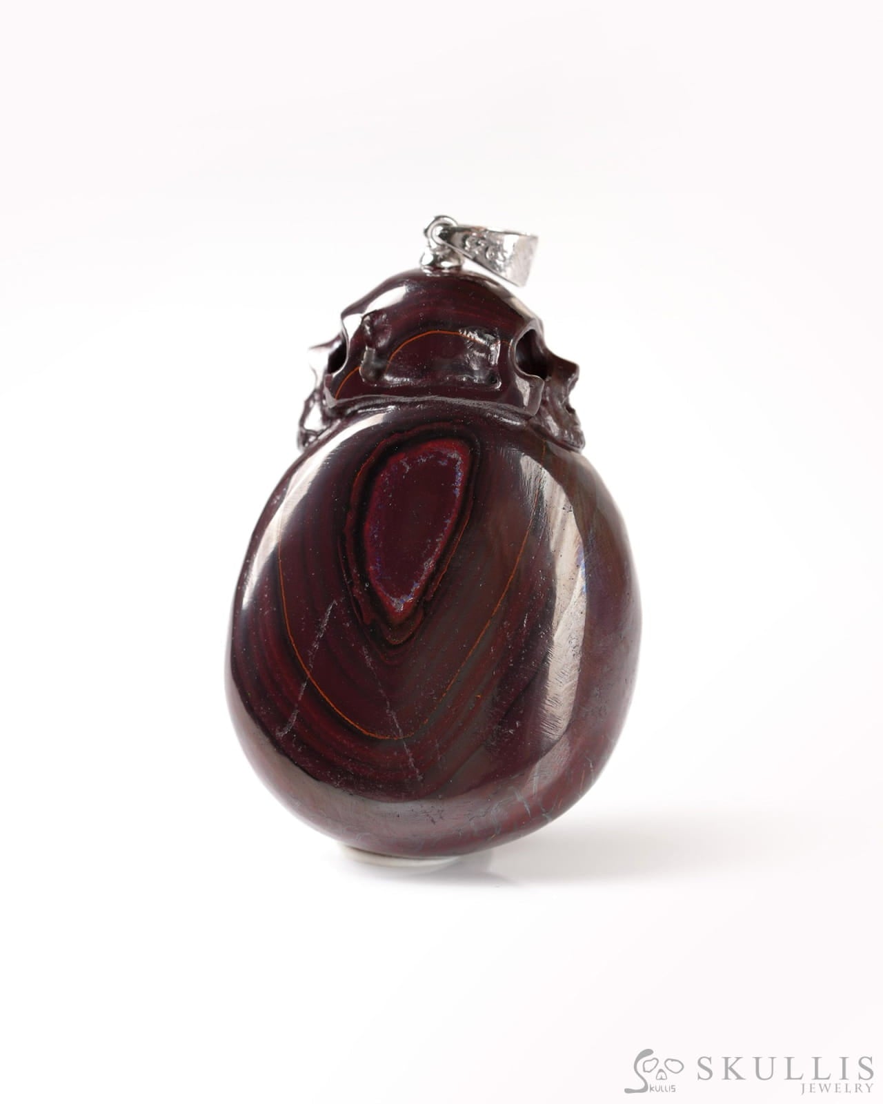 Skullis Signature Spiderweb Ammolite Gem Skull Pendant or Necklace Hand Carved Sterling Silver 925 Chain for Women &