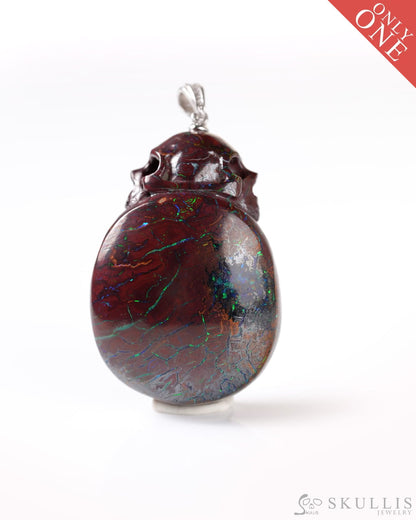 Skullis Signature Spiderweb Ammolite Gem Skull Pendant or Necklace Hand Carved Sterling Silver 925 Chain for Women &