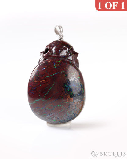 Skullis Signature Spiderweb Ammolite Gem Skull Pendant or Necklace Hand Carved Sterling Silver 925 Chain for Women &