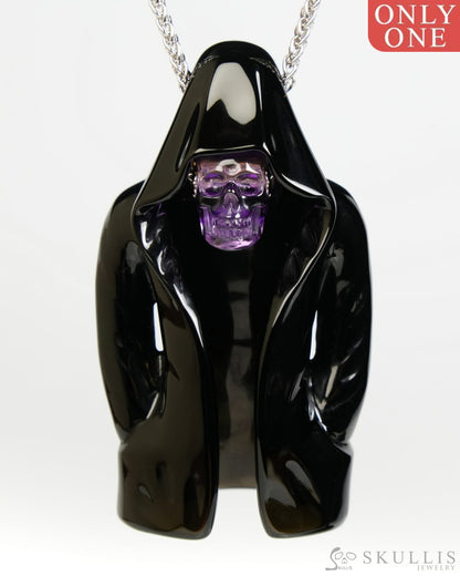 Skullis Black Obsidian & Amethyst Gem Skull Pendant or Necklace Hand Carved for Women & Men - ZR19900057 - Skull