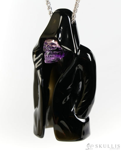 Skullis Black Obsidian & Amethyst Gem Skull Pendant or Necklace Hand Carved for Women & Men - ZR19900057 - Skull