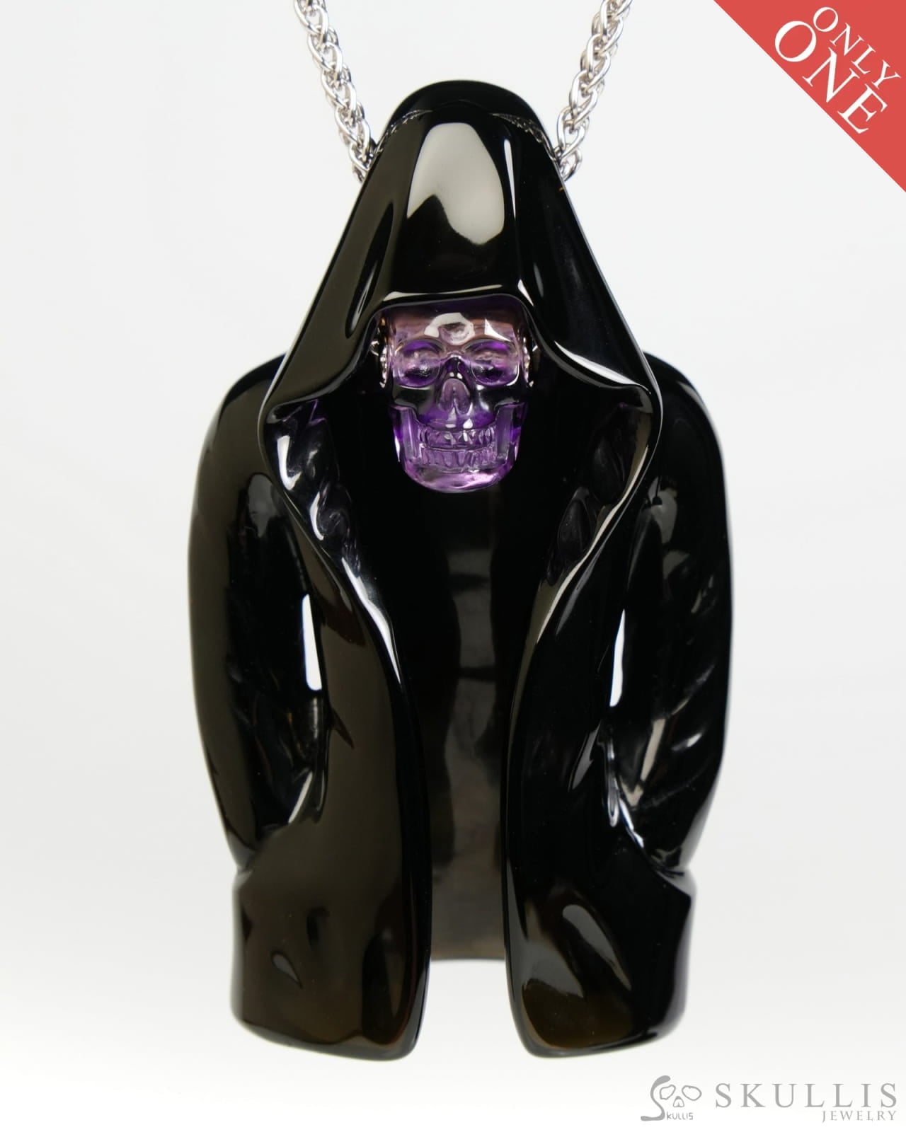 Skullis Black Obsidian & Amethyst Gem Skull Pendant or Necklace Hand Carved for Women & Men - ZR19900057 - Skull