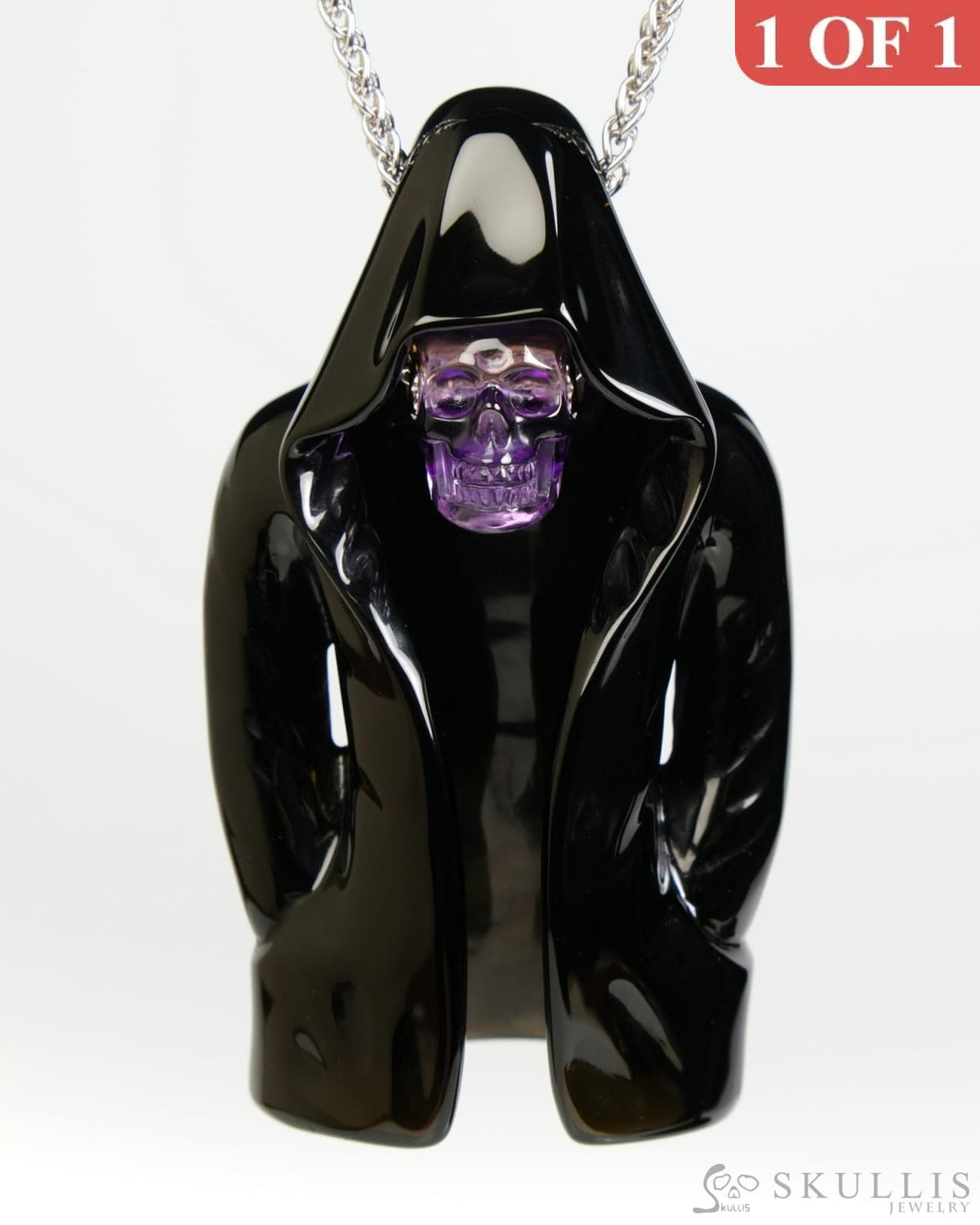 Skullis Black Obsidian & Amethyst Gem Skull Pendant or Necklace Hand Carved for Women & Men - ZR19900057 - Skull