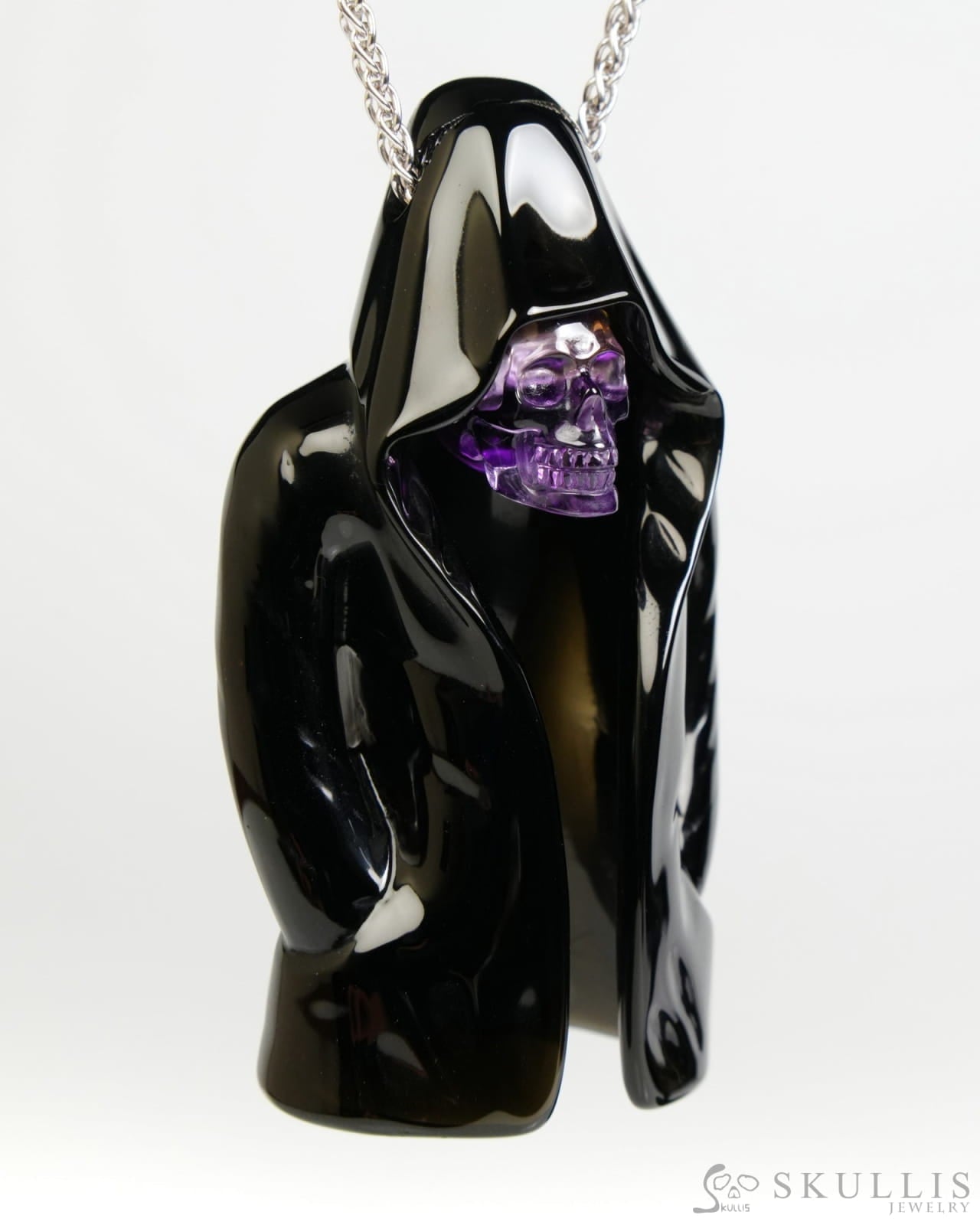Skullis Black Obsidian & Amethyst Gem Skull Pendant or Necklace Hand Carved for Women & Men - ZR19900057 - Skull