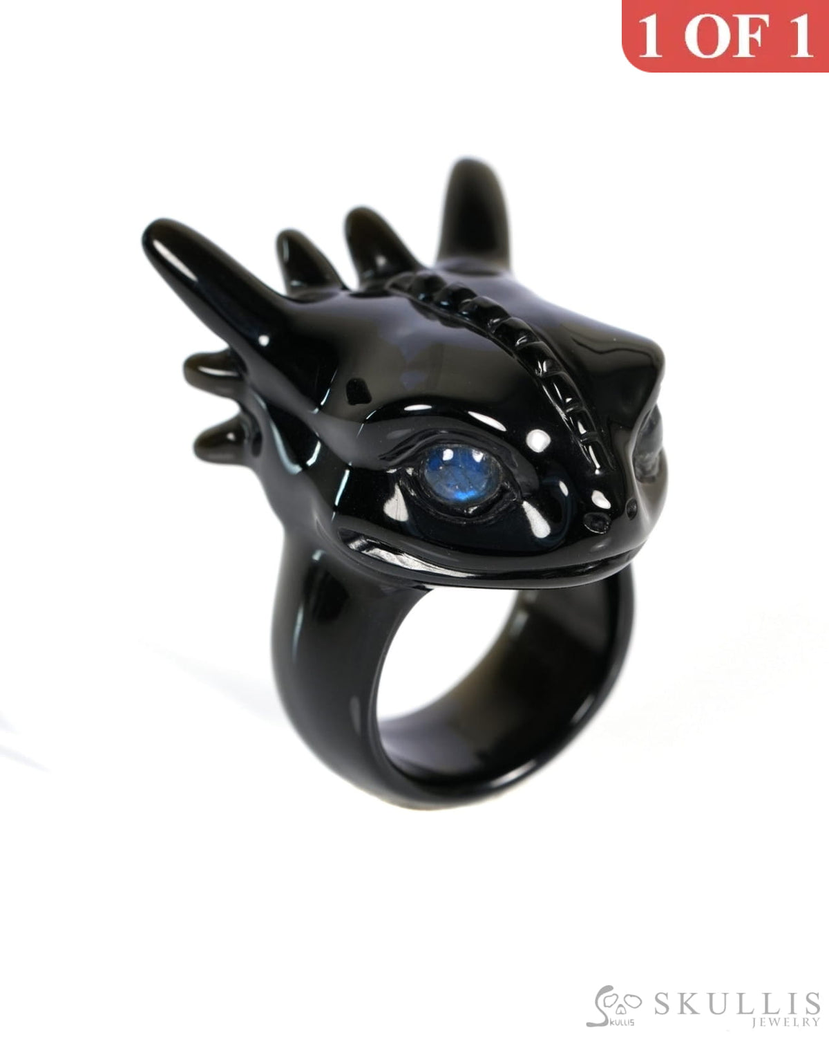 Skullis Gem Skull Ring of Black Obsidian Carved Toothless Dragon with Labradorite eyes US size 10 - ZR19900033 Skull