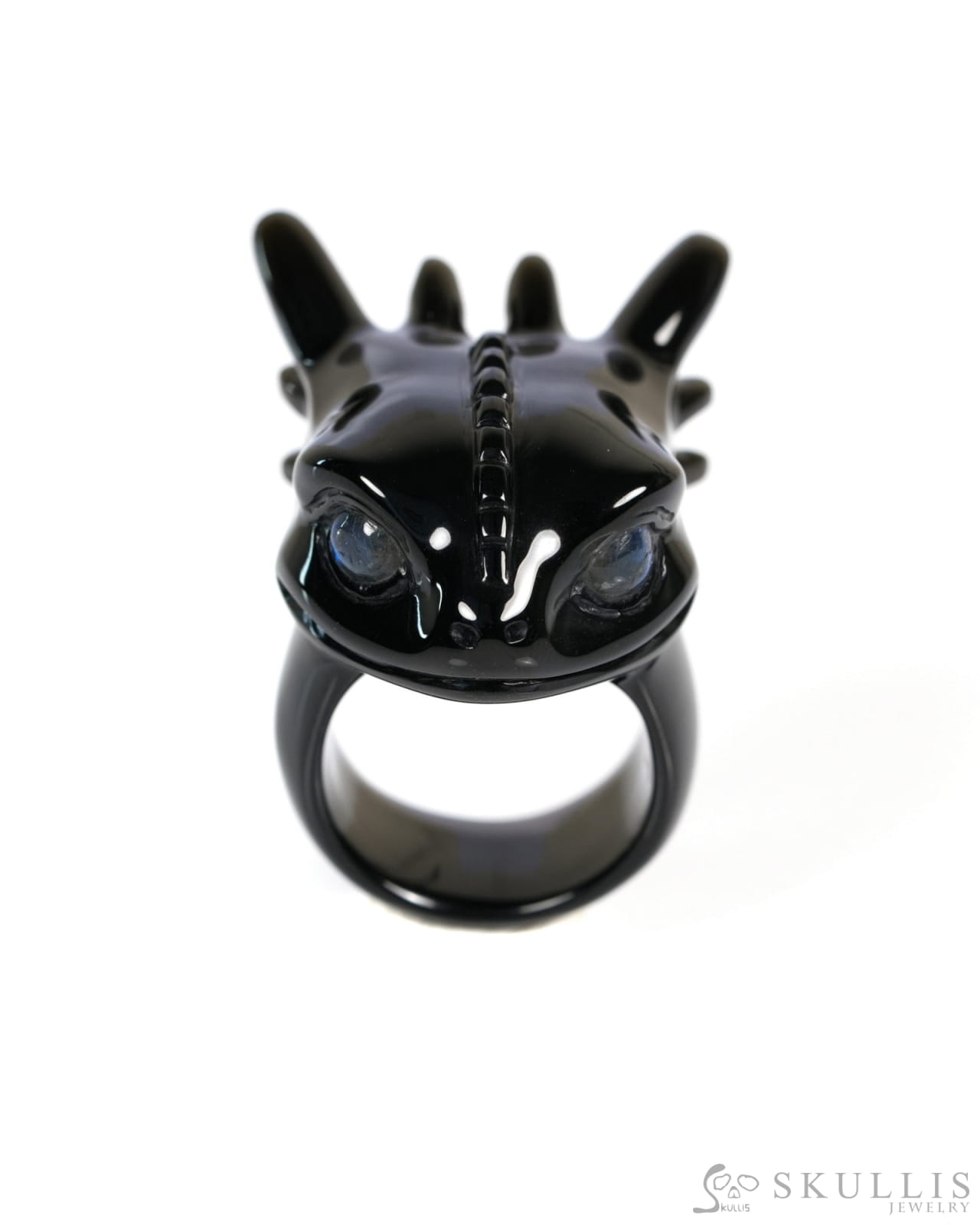 Skullis Gem Skull Ring of Black Obsidian Carved Toothless Dragon with Labradorite eyes US size 10 - ZR19900033 Skull