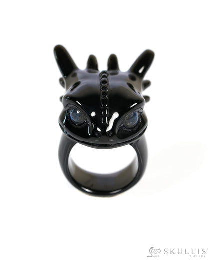Skullis Gem Skull Ring of Black Obsidian Carved Toothless Dragon with Labradorite eyes US size 10 - ZR19900033 Skull