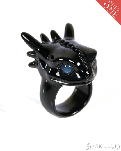 Skullis Gem Skull Ring of Black Obsidian Carved Toothless Dragon with Labradorite eyes US size 10 - ZR19900033 Skull