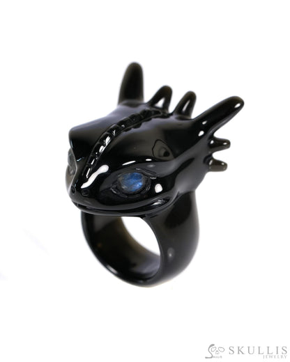 Skullis Gem Skull Ring of Black Obsidian Carved Toothless Dragon with Labradorite eyes US size 10 - ZR19900033 Skull