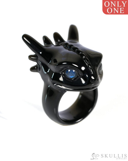 Skullis Gem Skull Ring of Black Obsidian Carved Toothless Dragon with Labradorite eyes US size 10 - ZR19900033 Skull