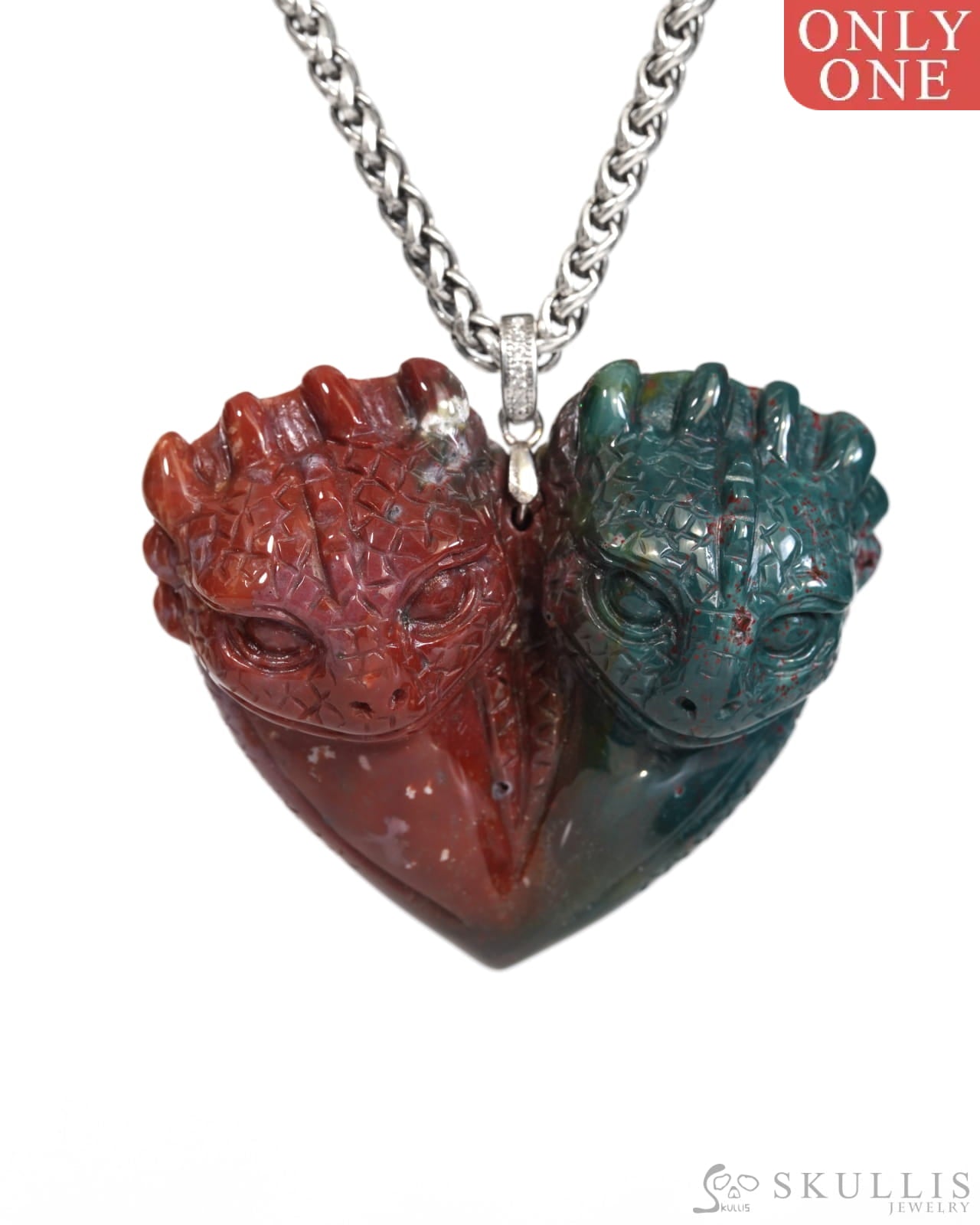 Skullis Signature Bloodstone Gem Toothless Dragon Pendant or Necklace Hand Carved for Women & Men - ZRL9900164 Skull