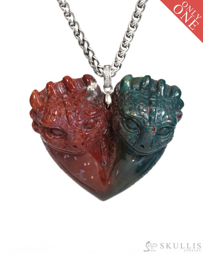 Skullis Signature Bloodstone Gem Toothless Dragon Pendant or Necklace Hand Carved for Women & Men - ZRL9900164 Skull