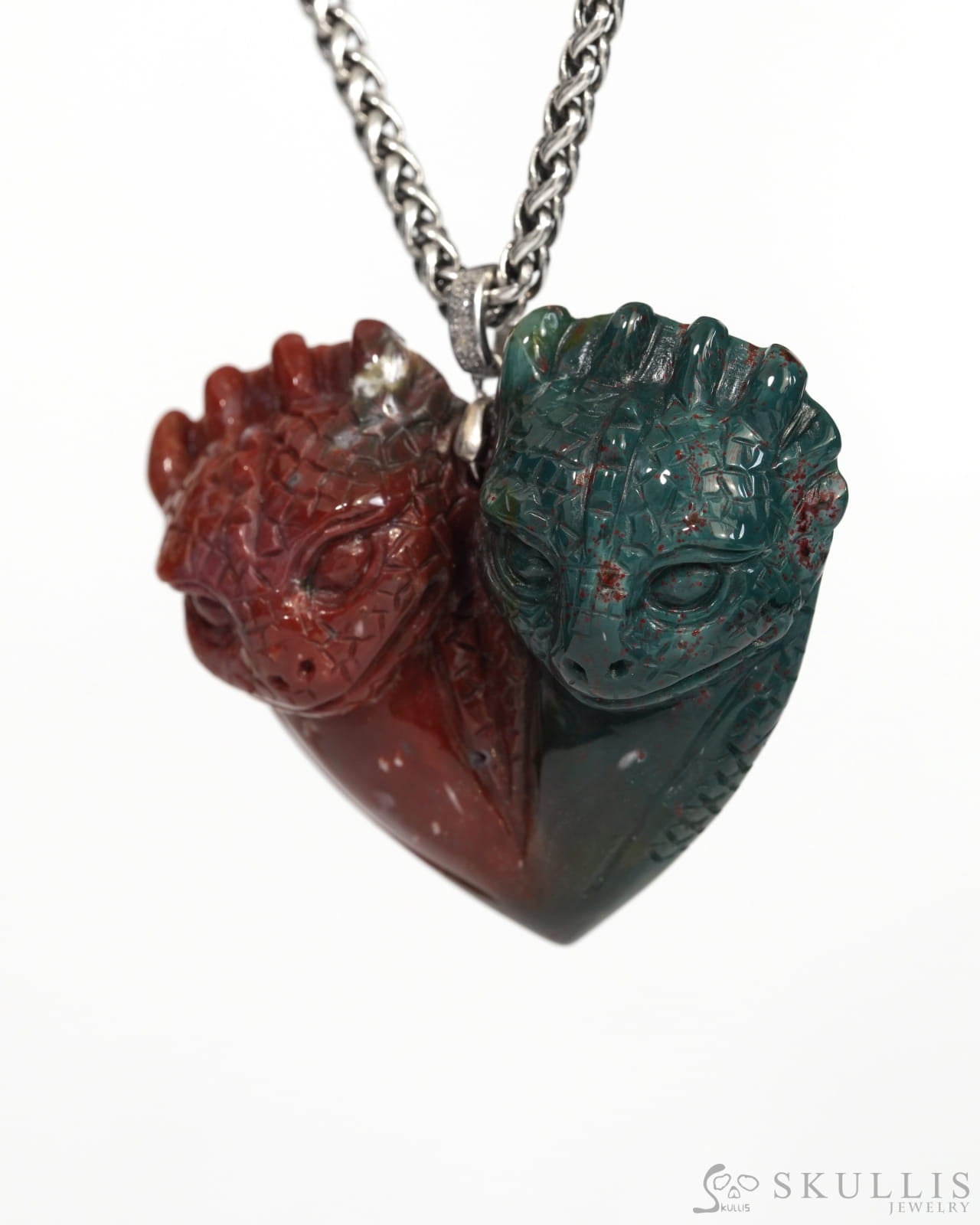 Skullis Signature Bloodstone Gem Toothless Dragon Pendant or Necklace Hand Carved for Women & Men - ZRL9900164 Skull