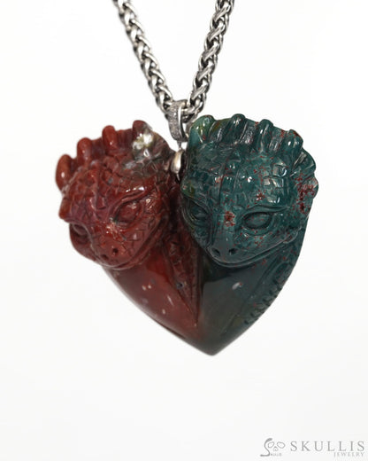 Skullis Signature Bloodstone Gem Toothless Dragon Pendant or Necklace Hand Carved for Women & Men - ZRL9900164 Skull