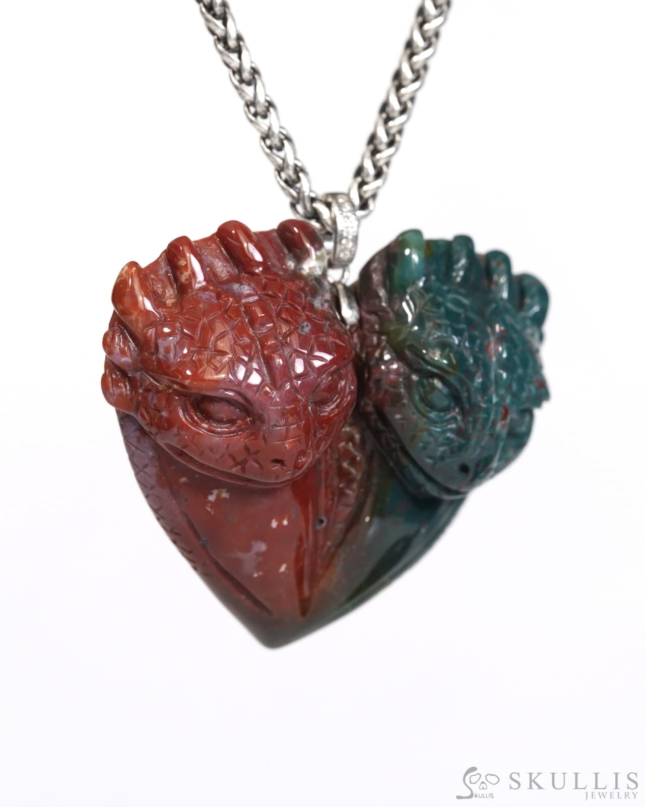 Skullis Signature Bloodstone Gem Toothless Dragon Pendant or Necklace Hand Carved for Women & Men - ZRL9900164 Skull