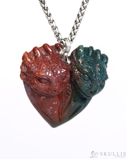 Skullis Signature Bloodstone Gem Toothless Dragon Pendant or Necklace Hand Carved for Women & Men - ZRL9900164 Skull