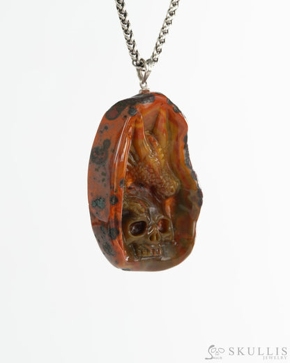 Skullis Empire Red Agate Gem Skull with Dragon and Skull Pendant or Necklace Hand Carved for Women & Men - 9900494