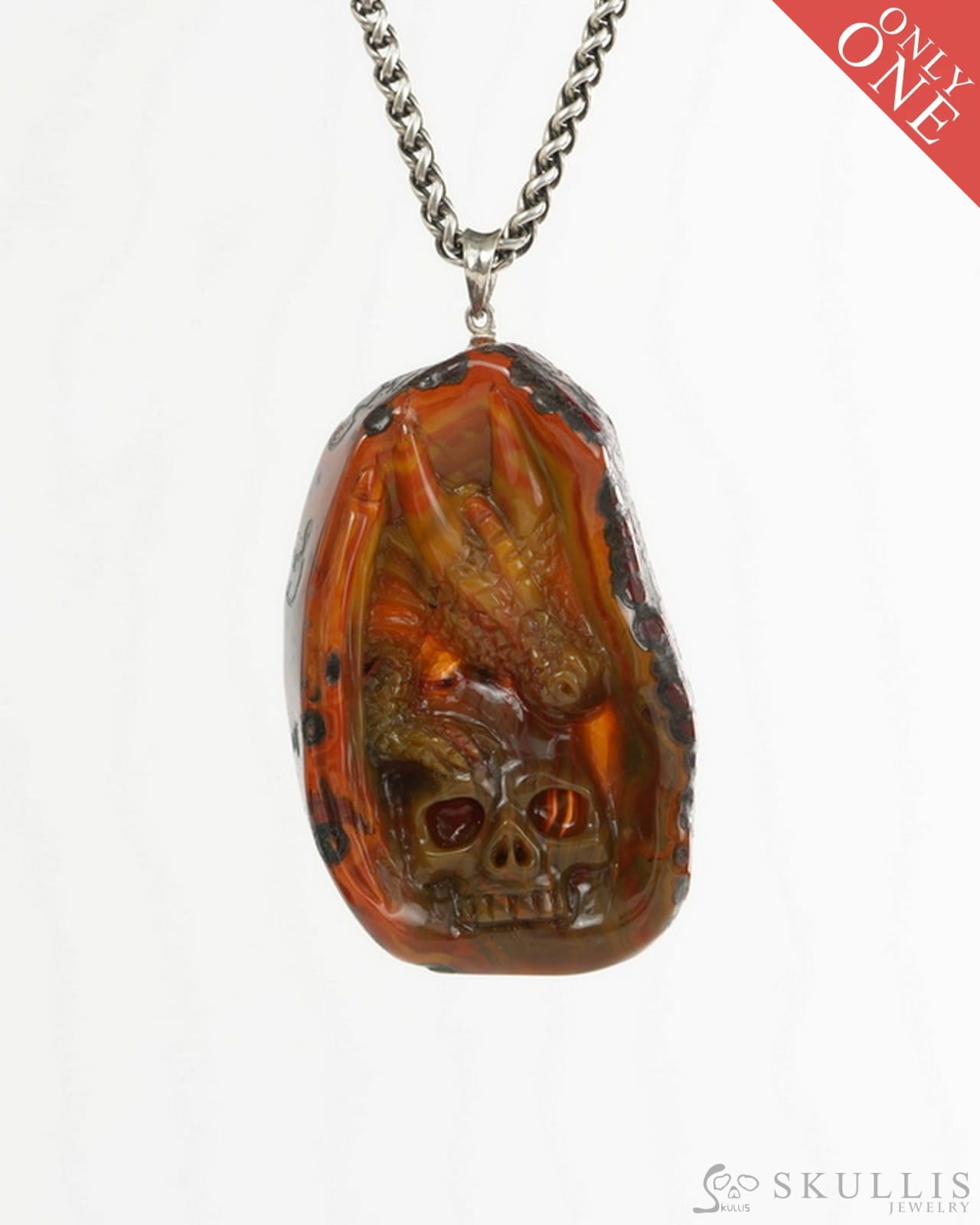 Skullis Empire Red Agate Gem Skull with Dragon and Skull Pendant or Necklace Hand Carved for Women & Men - 9900494