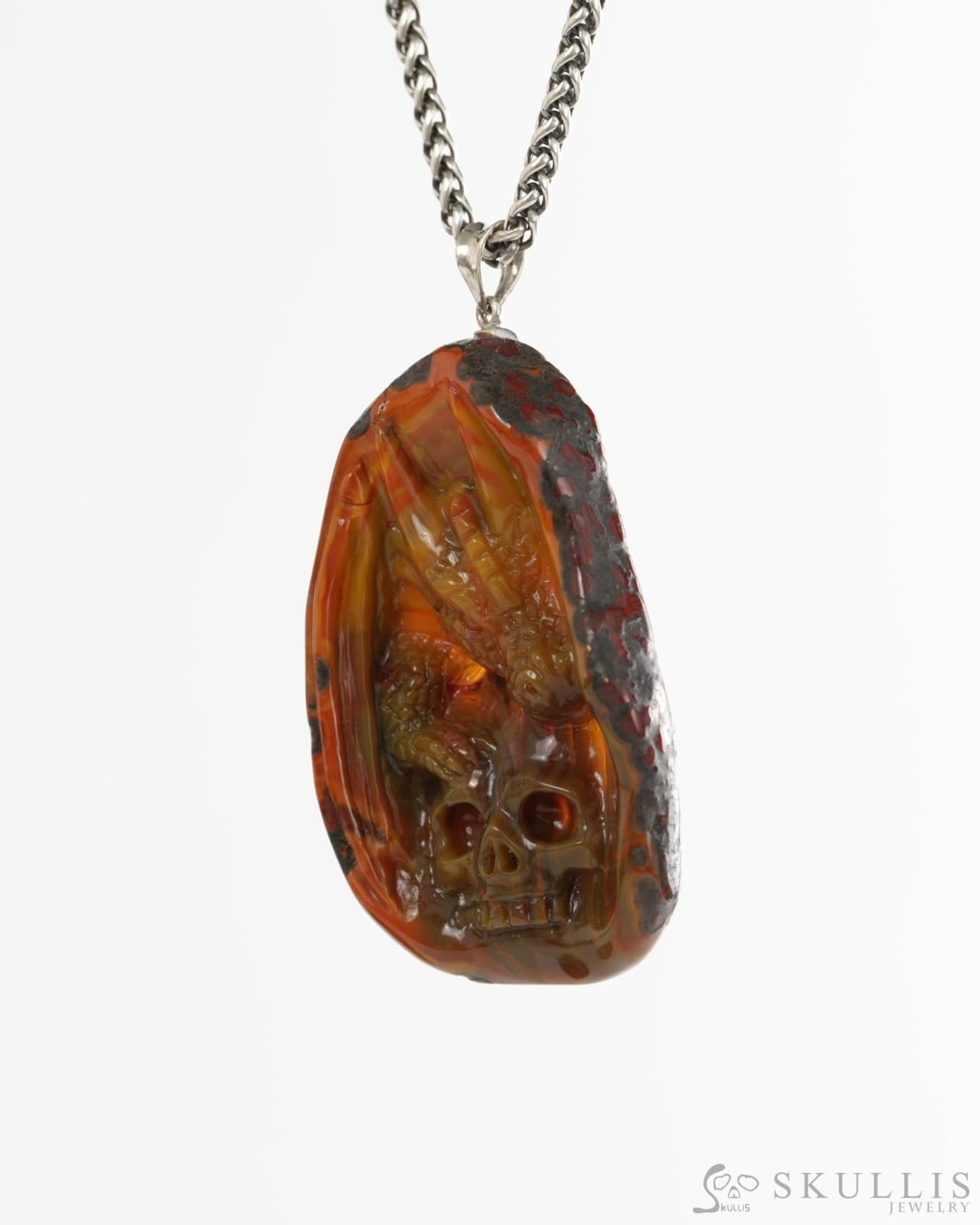 Skullis Empire Red Agate Gem Skull with Dragon and Skull Pendant or Necklace Hand Carved for Women & Men - 9900494