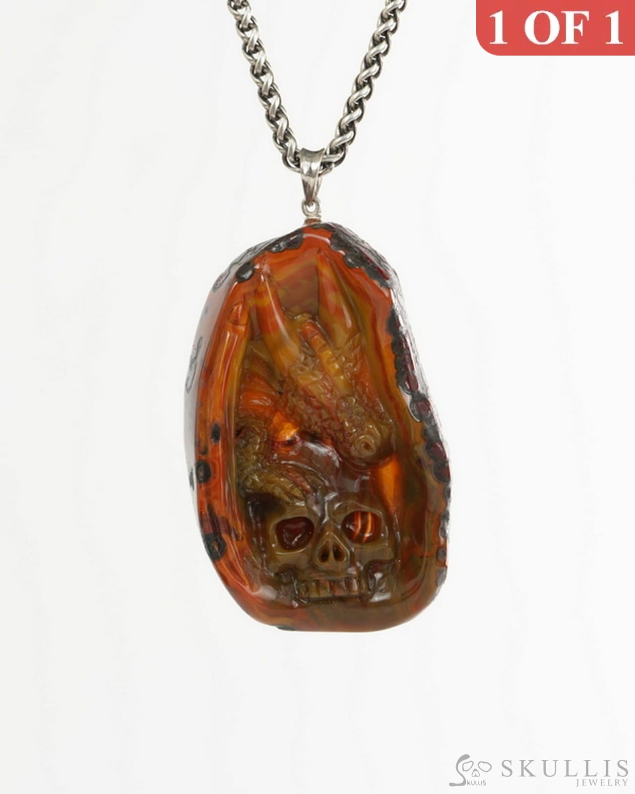 Skullis Empire Red Agate Gem Skull with Dragon and Skull Pendant or Necklace Hand Carved for Women & Men - 9900494