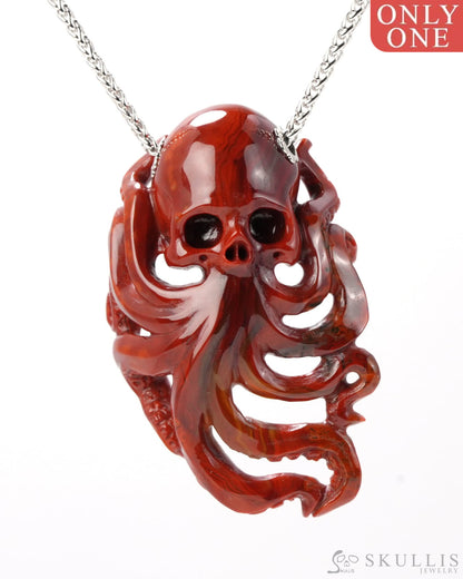 Skullis Signature Red Crazy Lace Agate Gem Skull Pendant Or Necklace Hand Carved Sterling Silver