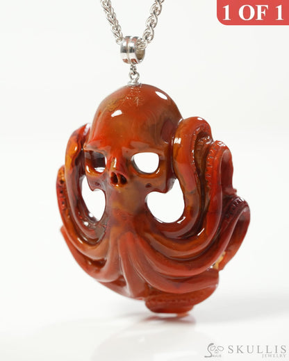 Skullis Signature Empire Red Agate Gem Skull with Octopus Tentacles Pendant or Necklace Hand Carved Sterling Silver 925