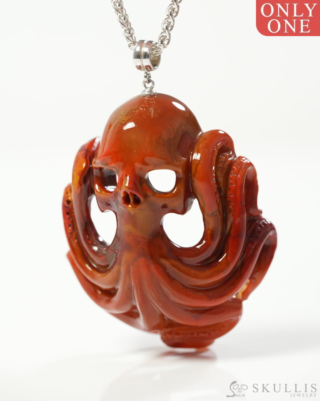 Skullis Signature Empire Red Agate Gem Skull with Octopus Tentacles Pendant or Necklace Hand Carved Sterling Silver 925