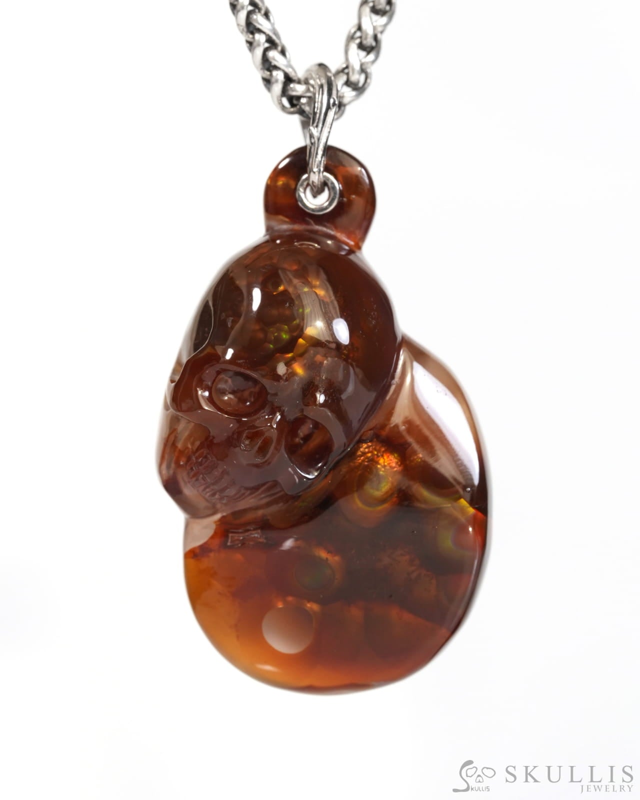 Skullis Fire Opal Gem Skull Pendant or Necklace Hand Carved for Women & Men - ZR19900166 Skull Pendants