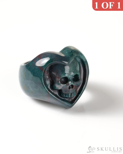 Gem Skull Ring of Bloodstone Carved heart Skull US Size 9 - 9800275 Skull Rings