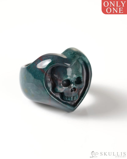 Gem Skull Ring of Bloodstone Carved heart Skull US Size 9 - 9800275 Skull Rings