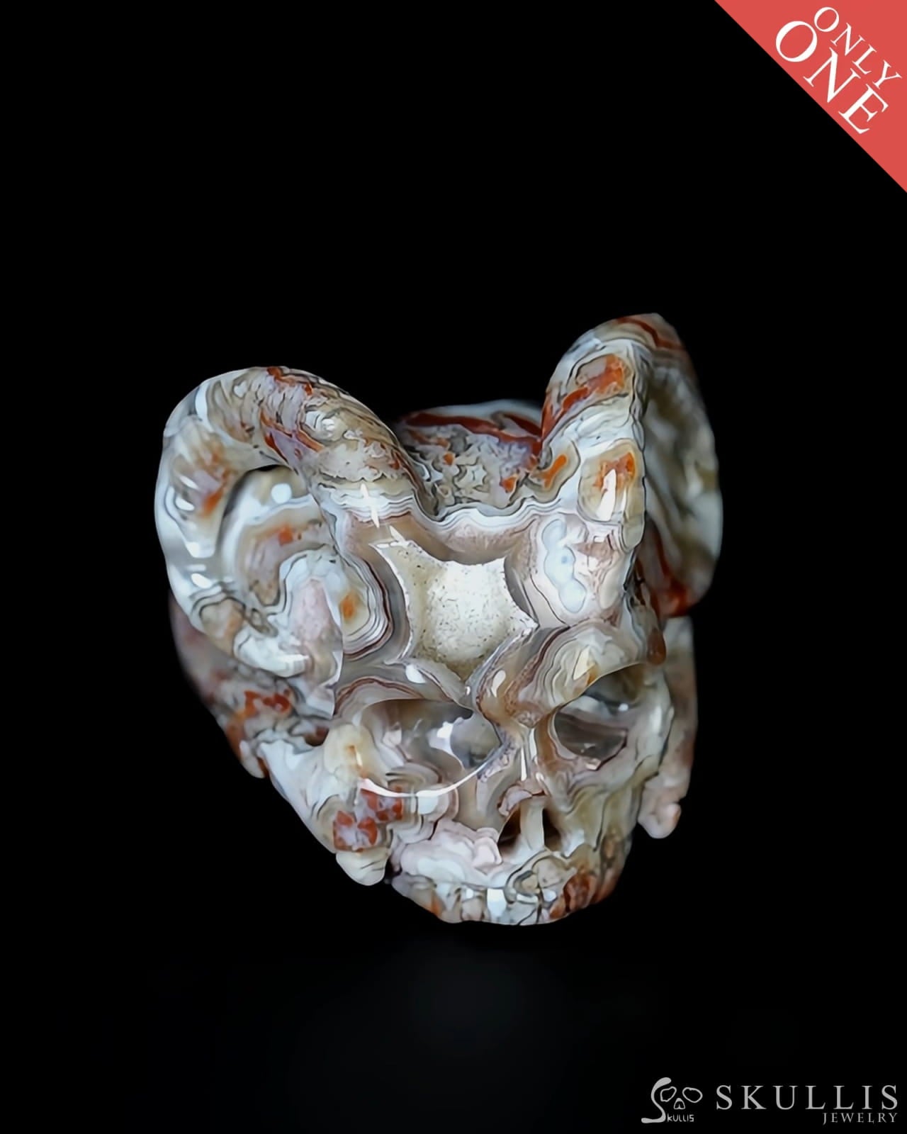 Skullis Gem Skull Ring of Red Crazy Lace Agate Carved Beast Skull US size 9 - 9500258 Skull Rings