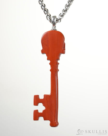 Skullis Signature Red Jasper Gem key Skull Pendant or Necklace Hand Carved Sterling Silver 925 Chain for Women & Men