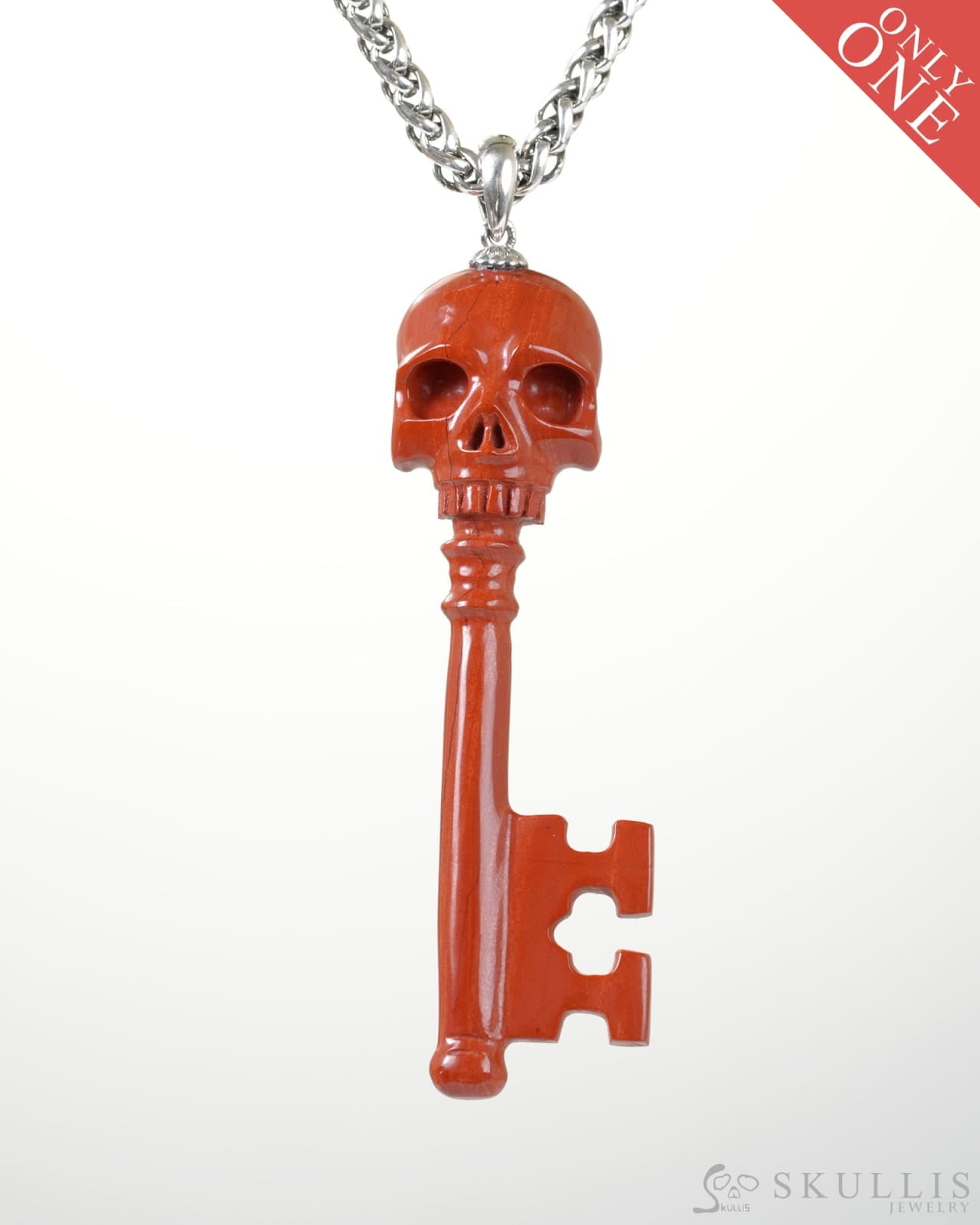 Skullis Signature Red Jasper Gem key Skull Pendant or Necklace Hand Carved Sterling Silver 925 Chain for Women & Men