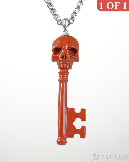 Skullis Signature Red Jasper Gem key Skull Pendant or Necklace Hand Carved Sterling Silver 925 Chain for Women & Men
