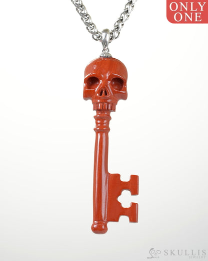 Skullis Signature Red Jasper Gem key Skull Pendant or Necklace Hand Carved Sterling Silver 925 Chain for Women & Men