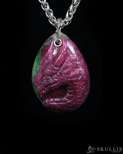 Skullis Ruby Zoisite Gem Dragon Skull Pendant or Necklace Hand Carved for Women & Men - ZR19500382 Skull Pendants