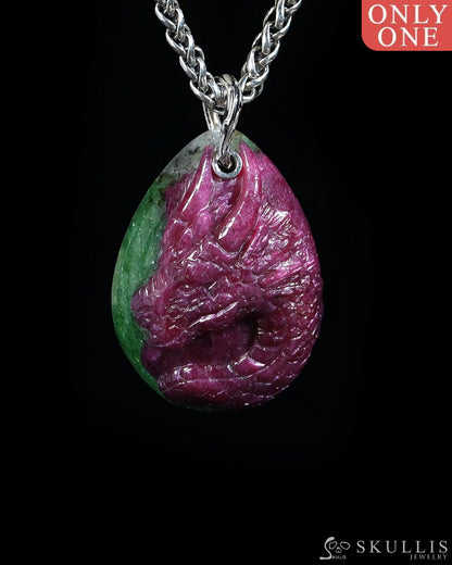 Skullis Ruby Zoisite Gem Dragon Skull Pendant or Necklace Hand Carved for Women & Men - ZR19500382 Skull Pendants