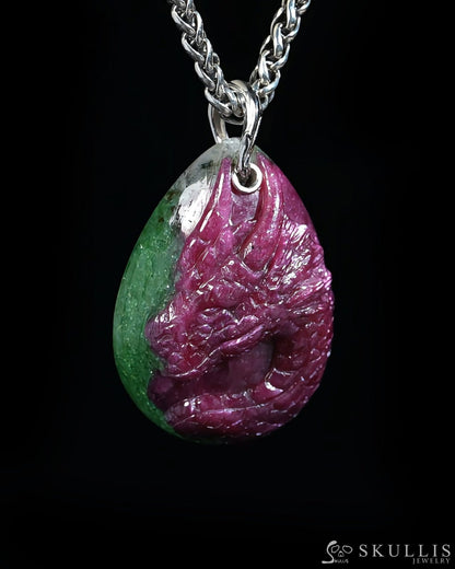 Skullis Ruby Zoisite Gem Dragon Skull Pendant or Necklace Hand Carved for Women & Men - ZR19500382 Skull Pendants