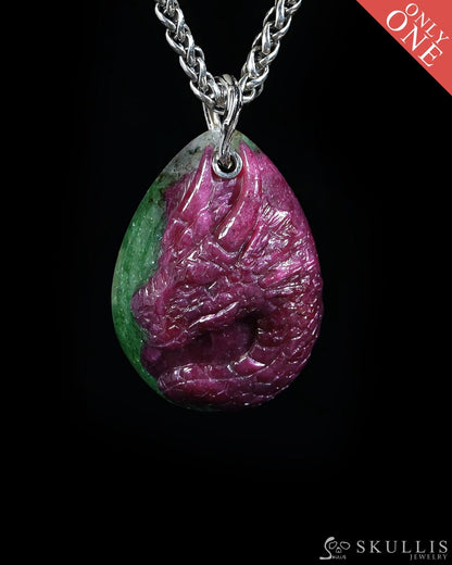 Skullis Ruby Zoisite Gem Dragon Skull Pendant or Necklace Hand Carved for Women & Men - ZR19500382 Skull Pendants