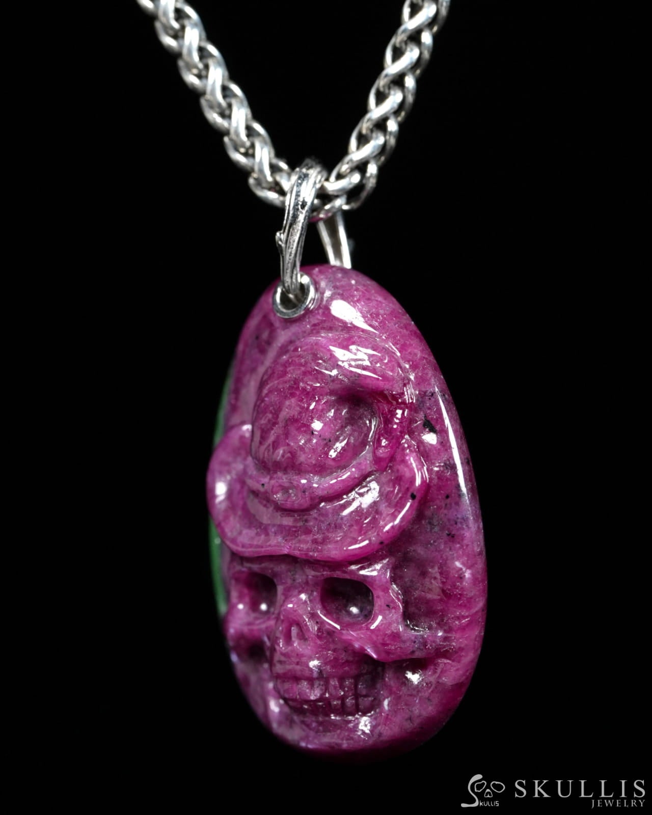 Skullis Ruby Zoisite Gem Witch Hat Skull Pendant or Necklace Hand Carved for Women & Men - ZR19900148 - Skull Pendants