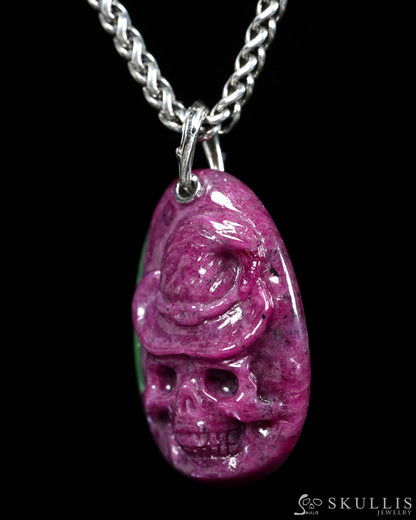 Skullis Ruby Zoisite Gem Witch Hat Skull Pendant or Necklace Hand Carved for Women & Men - ZR19900148 - Skull Pendants