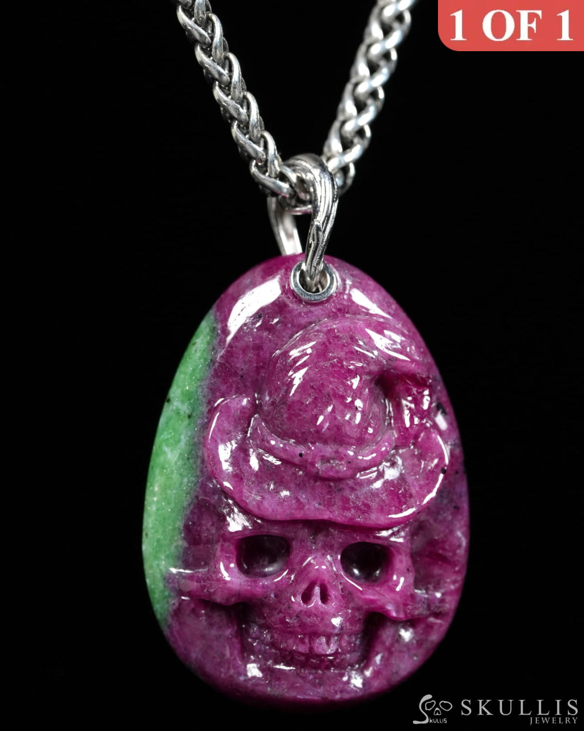 Skullis Ruby Zoisite Gem Witch Hat Skull Pendant or Necklace Hand Carved for Women & Men - ZR19900148 - Skull Pendants