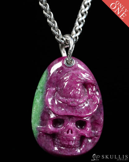Skullis Ruby Zoisite Gem Witch Hat Skull Pendant or Necklace Hand Carved for Women & Men - ZR19900148 - Skull Pendants