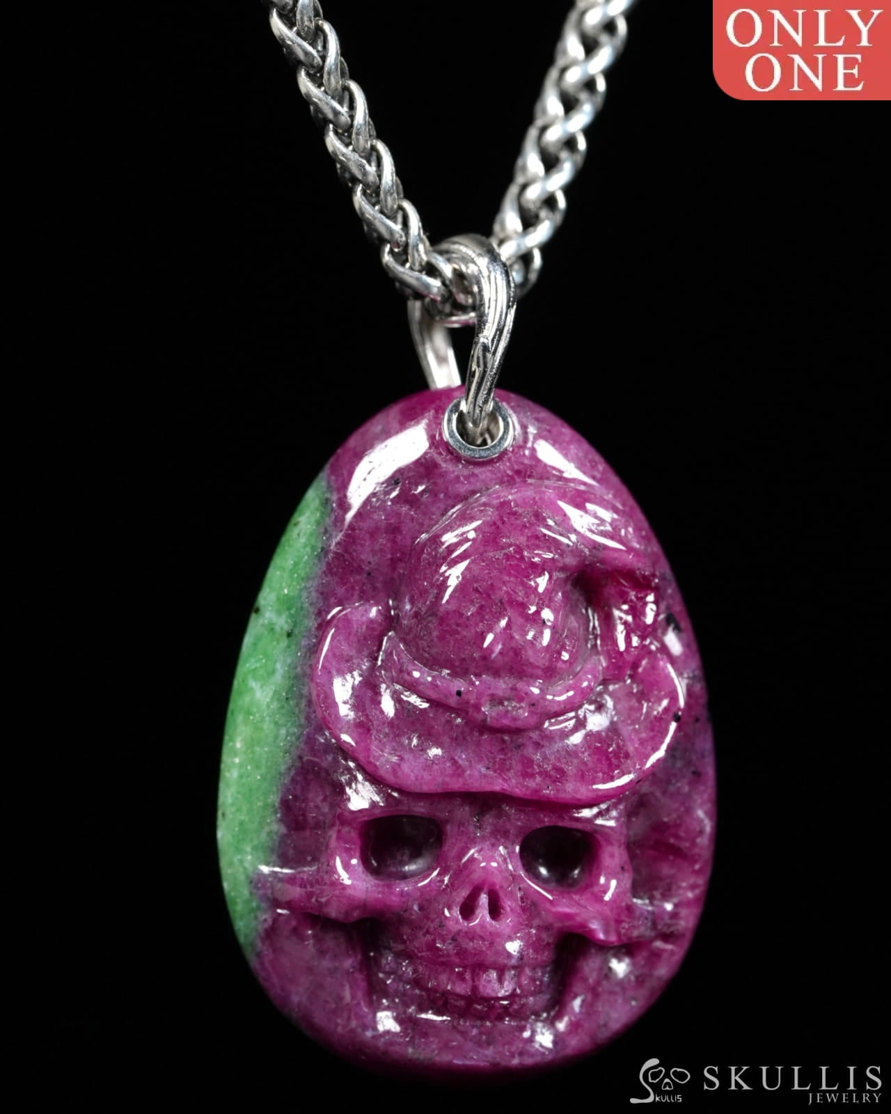 Skullis Ruby Zoisite Gem Witch Hat Skull Pendant or Necklace Hand Carved for Women & Men - ZR19900148 - Skull Pendants